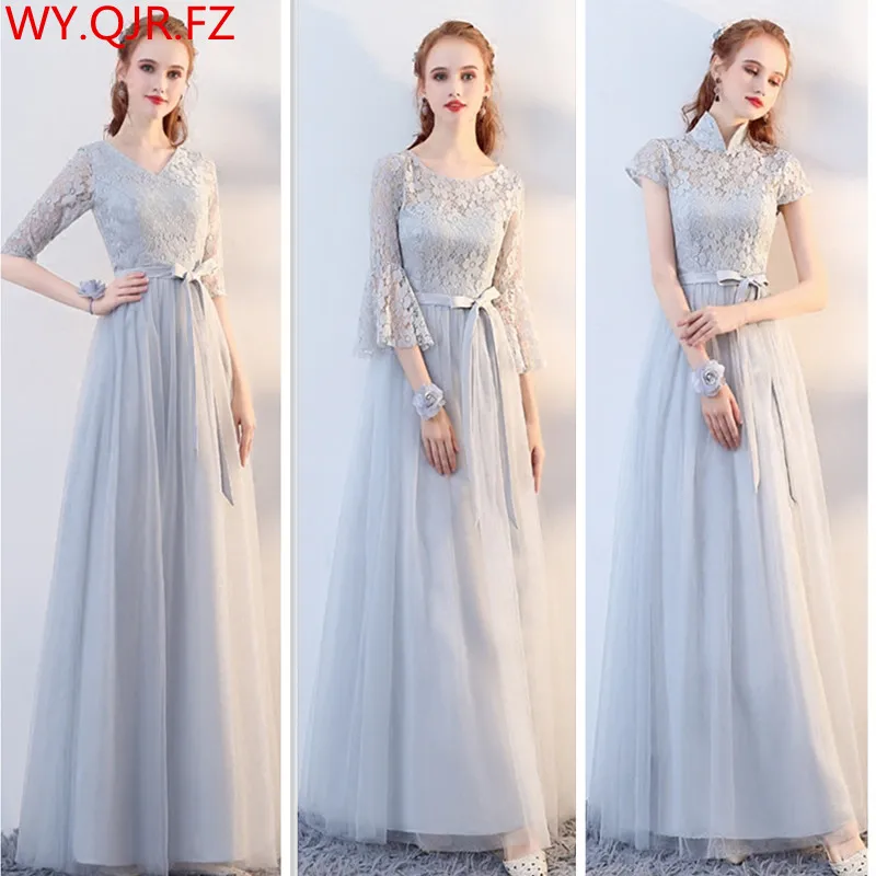 SJZL 70 # серое платье подружки невесты с длинным рукавом и круглым воротником на