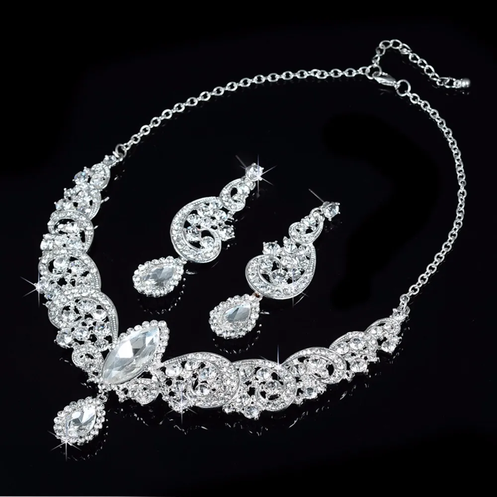 silver plated princess jewelry sets austria crystal round necklace earrings dangle women water drop figure design AAA jewels D021 (2)