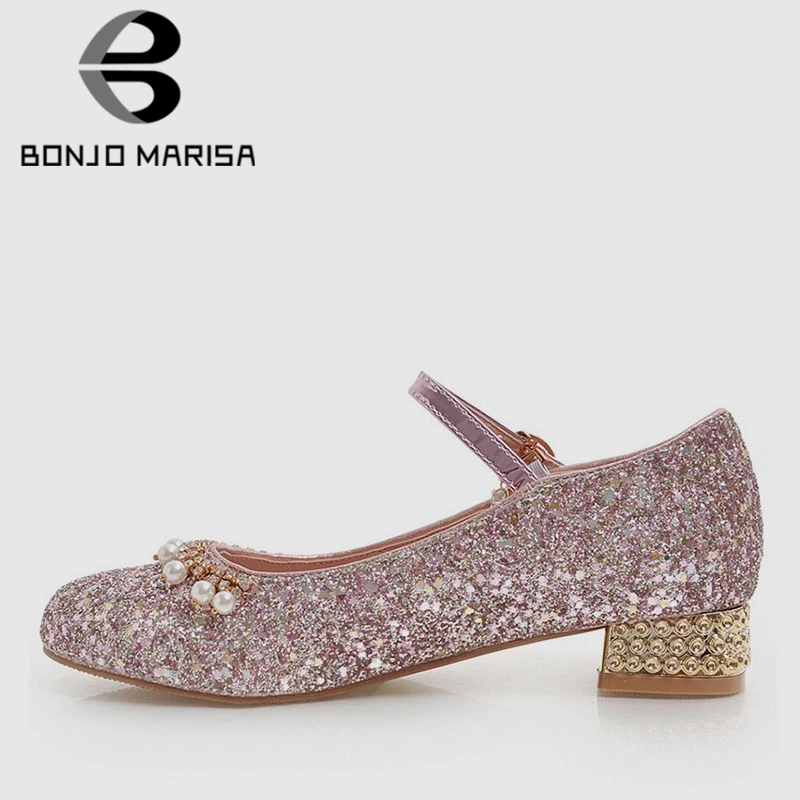 

BONJOMARISA 2019 Spring Summer New Sweet Ladies Mary Janes Pumps Plus Size 28-47 Beading Date Shoes Woman Low Heels Footwear