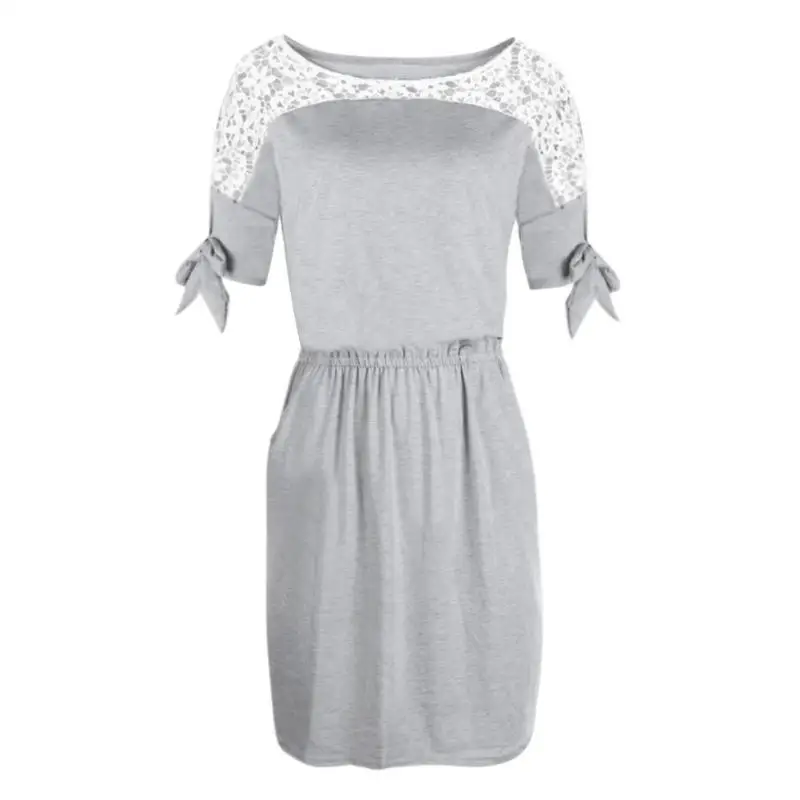 

Summer Women Elegant Patchwork Lace Tie Short Sleeve Tunic Dresss O Neck Casual Party Dresses Casual Soft High Quality Dress