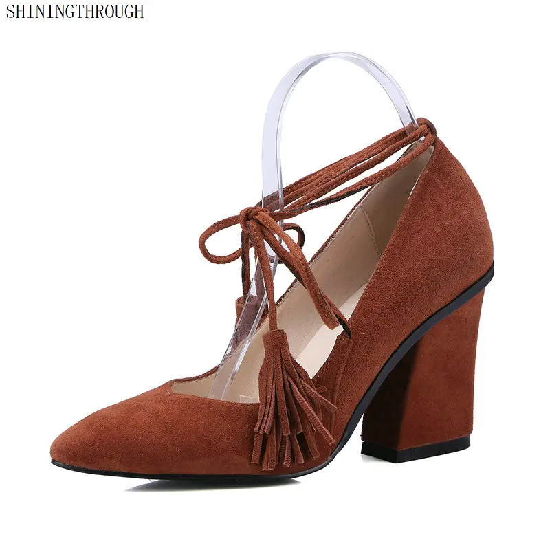 

Spring lace up Genuine Leather Women Pumps Sheepskin Pointed Shaped Pearl Lace Shallow Mouth Thick Heels Shoes