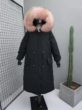 Огромный воротник из натурального меха енота, зимняя куртка, пальто для женщин, белая куртка-пуховик с капюшоном, теплая парка размера плюс, Женское пальто - Цвет: pink big fur