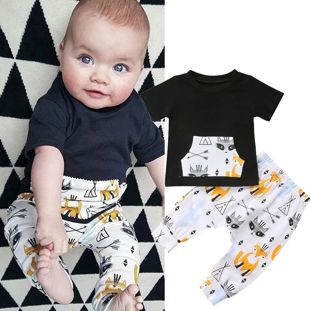 Модная одежда для новорожденных комплект одежды для маленьких мальчиков одежда для малышей мальчиков, короткий рукав, принт с лисой, футболка одежда, топ+штаны комплект дропшиппинг