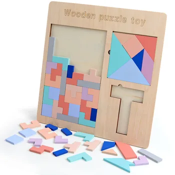 

Woode Macaron Geometric shape Tetris/T word puzzle/tangram three-in-one 3D puzzles for children Montessori educational To