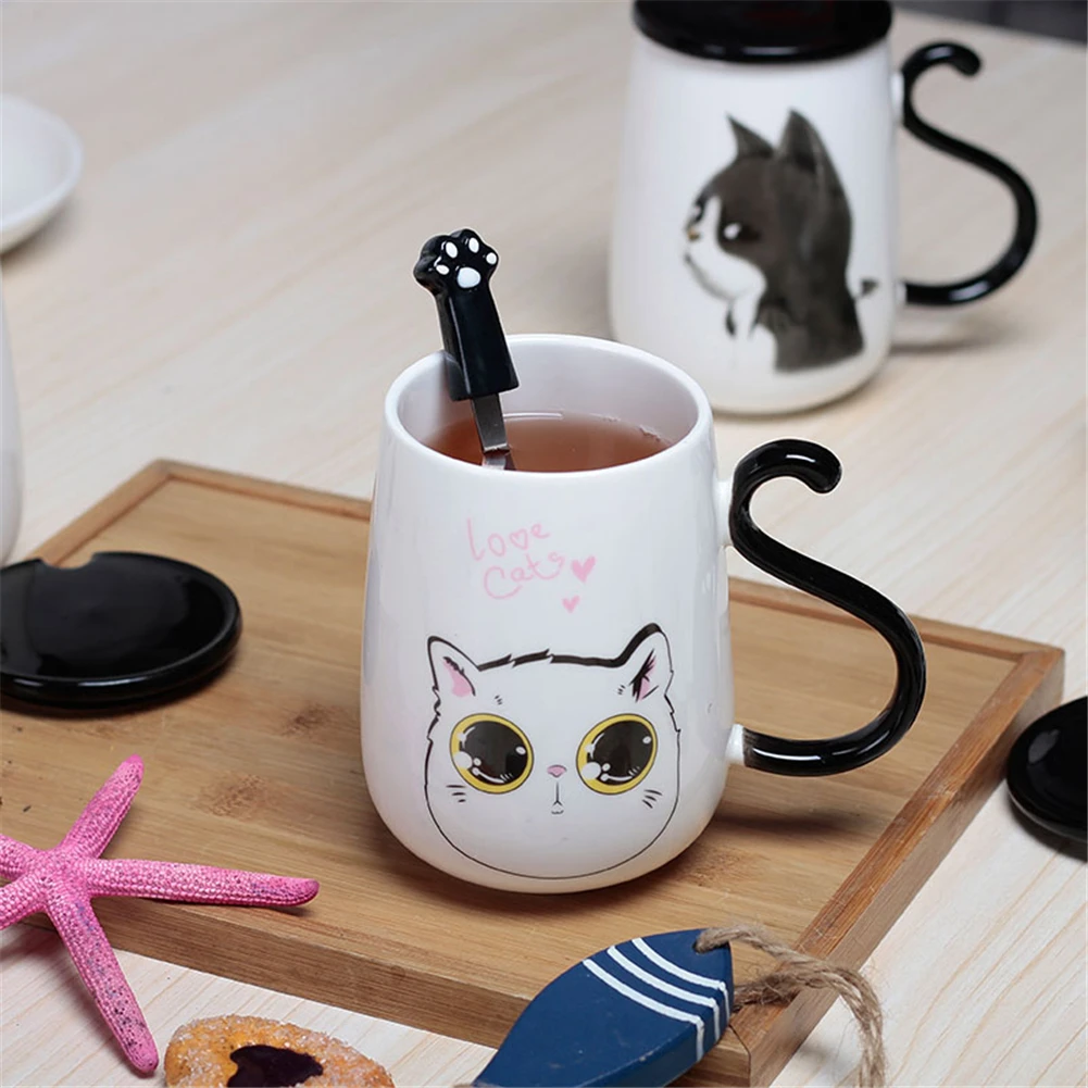 500 мл мультфильм кошка керамическая чашка Молоко Кофе Кружка с крышкой и ложкой из нержавеющей стали
