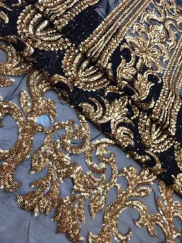 

Hot French Nigerian gold sequins net lace,African tulle mesh lace fabric high quality for party wedding dress 5yards/lot LY5324