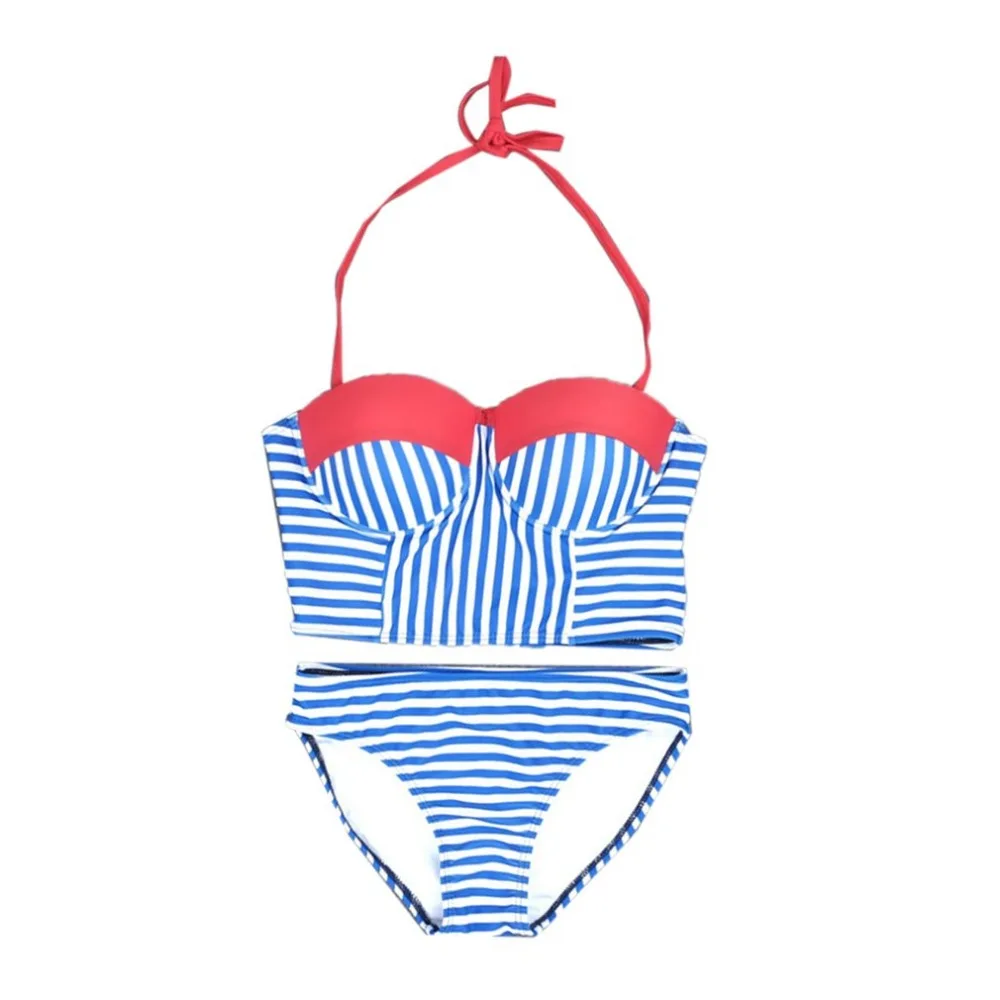 

2018 Sexy Lady Women Bikini Set Stripe Pattern Bandage Halter Neck Design Female Swimming Suit Swimwear