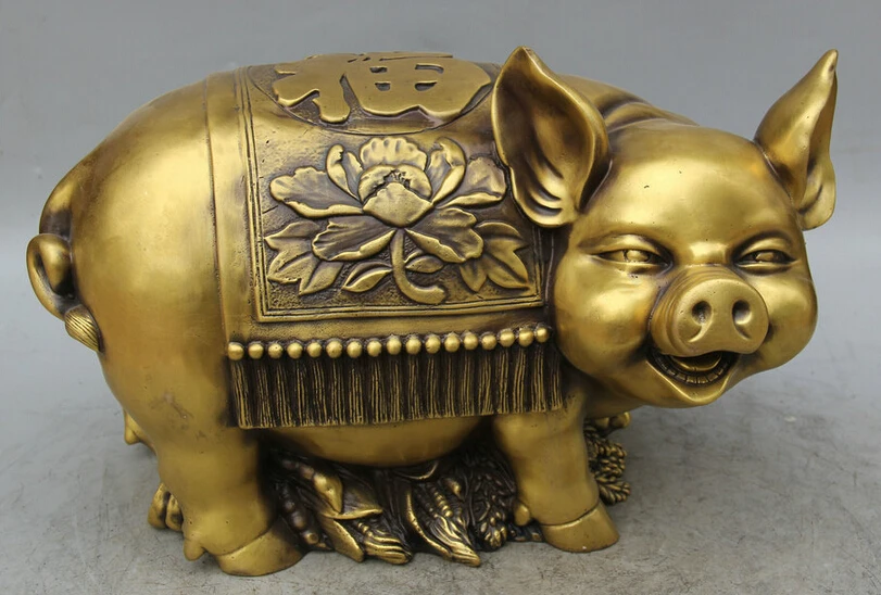 

150610 S1529 13" Chinese Copper animal Fu flower Zodiac Year Pig Statue sculpture saving pot