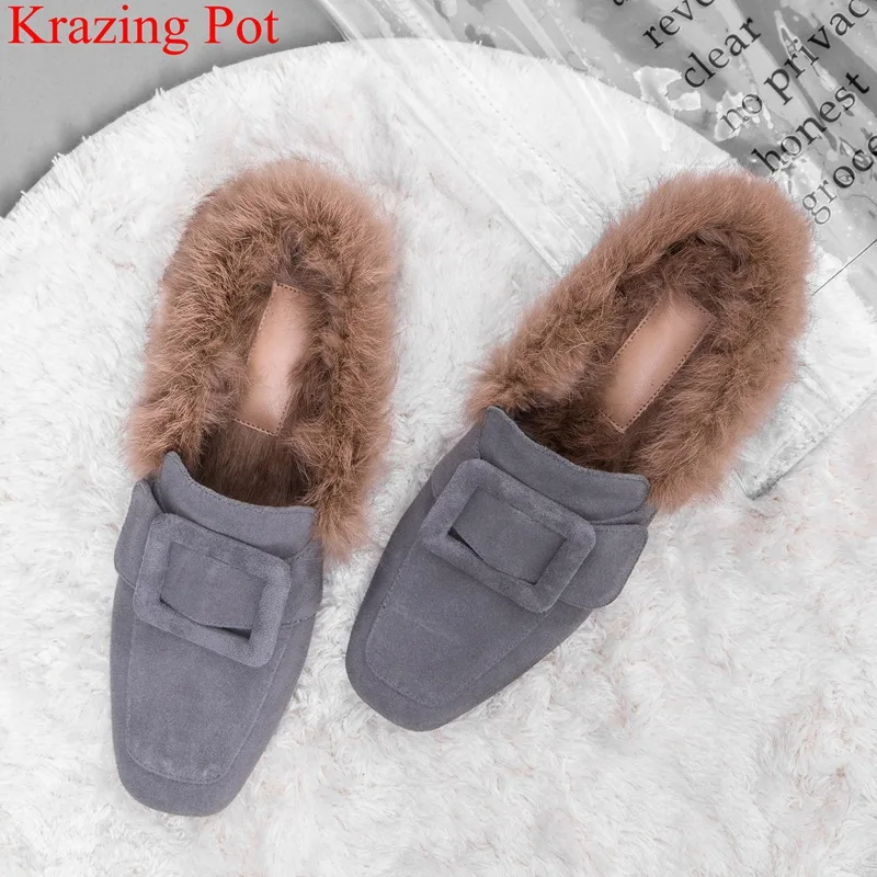 

2018 new arrival rabbit fur keep warm slingback square toe slip on mules cow suede solid low heels casual outside slippers L28