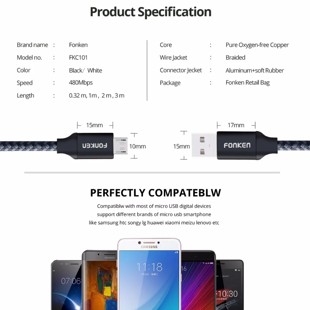 FONKEN Cable Micro USB 2.4A Mini USB cargador rápido Cable de teléfono 2128AWG 1 m 2 m 3 m de carga rápida trenza cable para Android Cables de datos