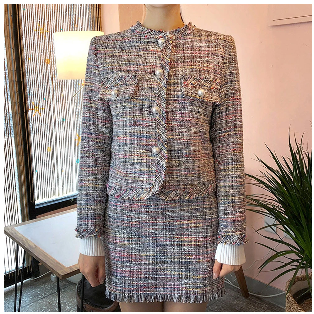 buy Women Chic Vintage Style O-neck Long Sleeves Check Plaid Single Breasted Pearl Designed Tweed Jacke
