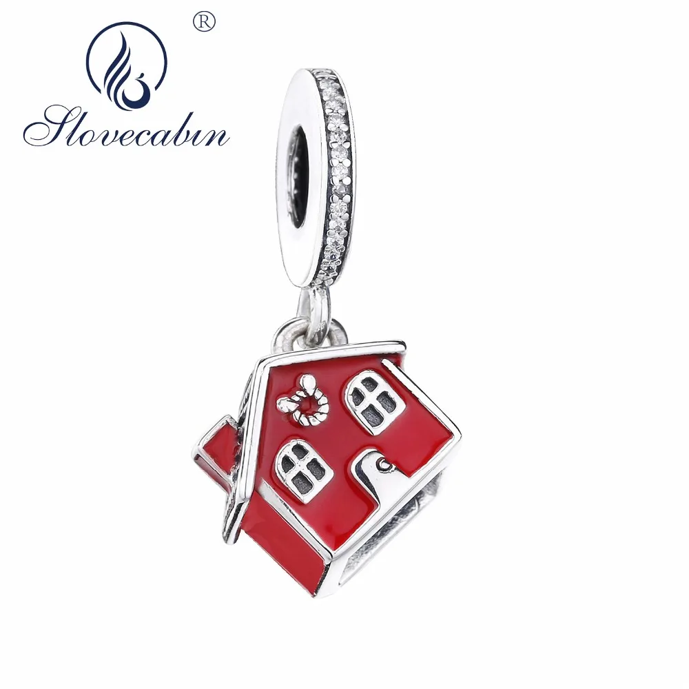 

Slovecabin Original 925 Sterling Silver 2018 Cozy Christmas House Beads Pendant Red Enamel Christmas Gift For Charms Bracelet