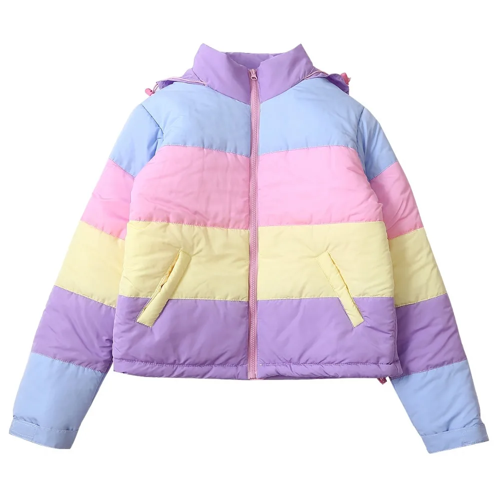 

Fashion Women Parkas Mujers Coats Hooded Makaron Color Block Loose Ladies Cotton Padded Outwear Winter Jacket Thicken Warm