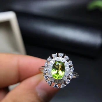 

Natural green peridot gem Ring Natural olivine Ring S925 silver trendy Elegant round Sunflower Lace women party gift Jewelry