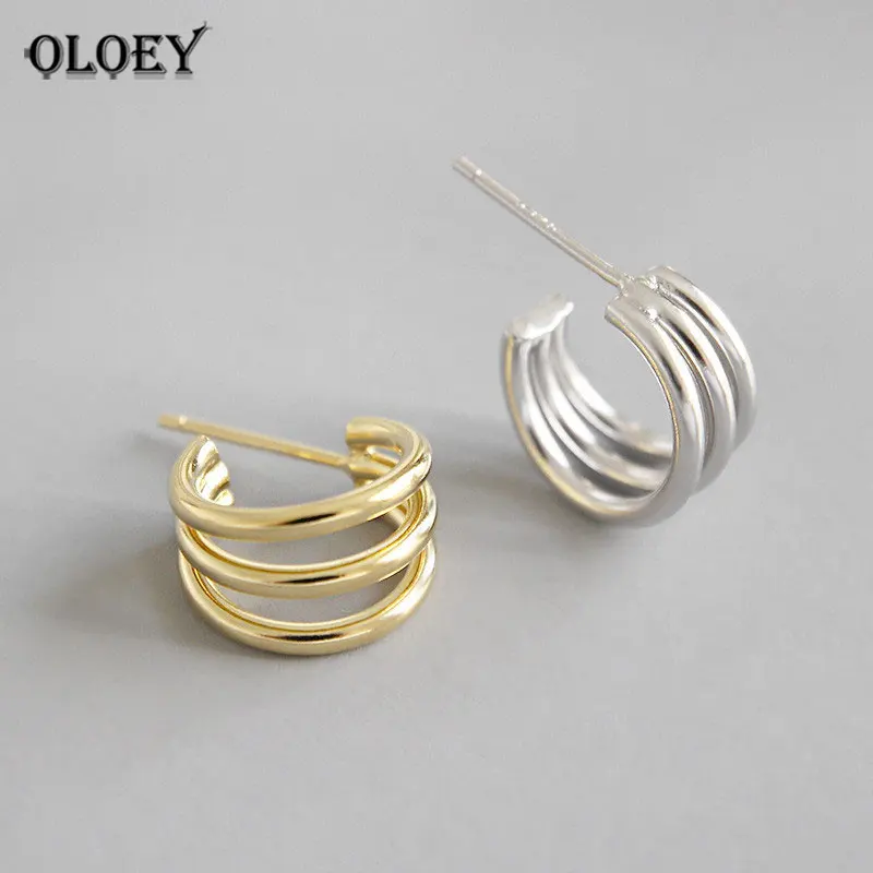 

OLOEY Korean Triple Lines Circle Hoop Earrings for Women Ladies 100% 925 Sterling Silver Brinco Earring Fine Jewelry Gift YME324