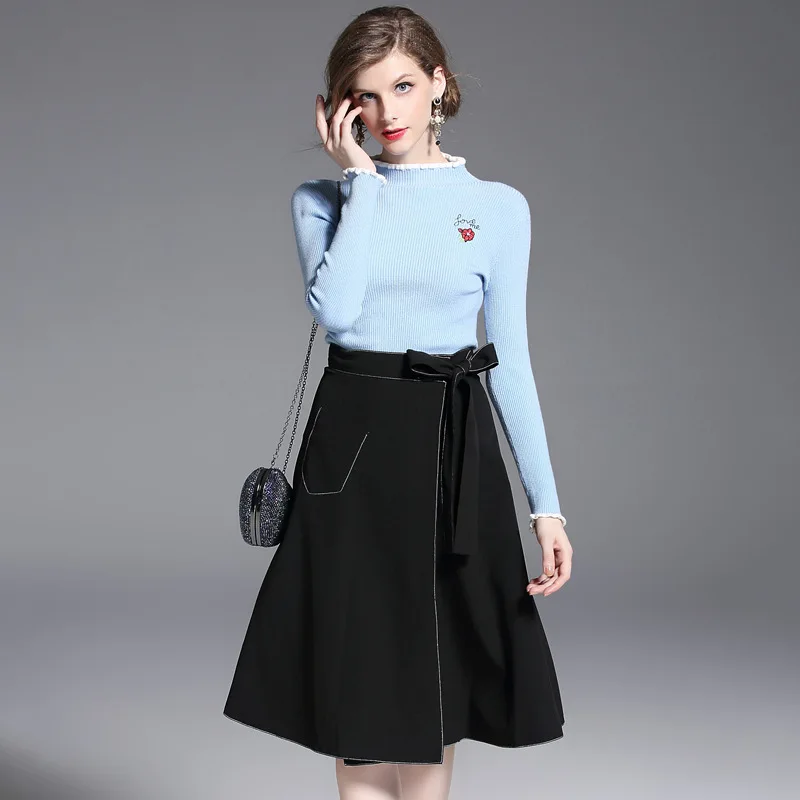 Épissage Jupe Bandage Longues Femmes Set Ligne À Une Femme Multi Piece Costumes Sweat Hiver Élégante 2018 Deux Élastique Manches Automne Mode FA81q1w