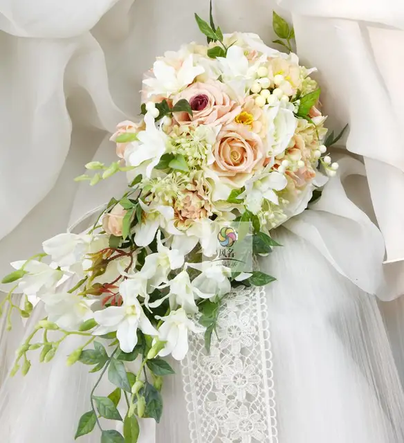 Waterfall Style Handmade Wedding Bridal Bouquet Orchid Rose Artificial