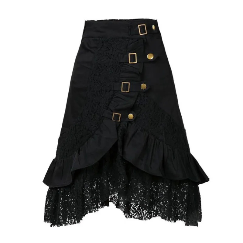 

PERHAPS U women black skirt midi lace button gothic S0168