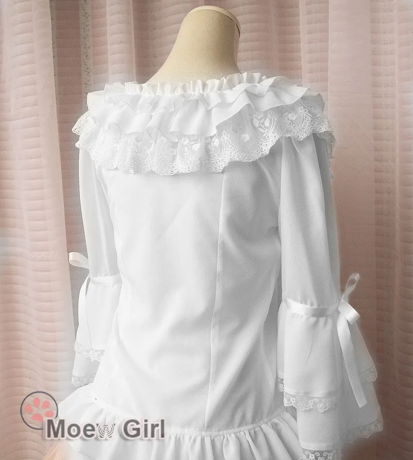 Лолита Винтаж женские Кружево отделкой с расклешенными рукавами белая блузка шифоновая рубашка двойной Слои воротник принцессы Топы корректирующие