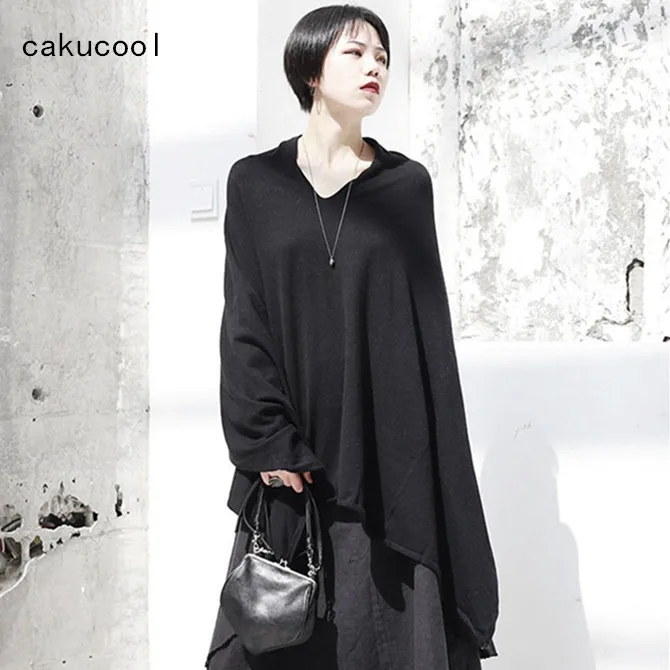 

Cakucool New Knitted Cape Women Black Sweaters Autumn Loose V neck Knitted Outerwear Pullover Cloak Gothic Jumper Femme