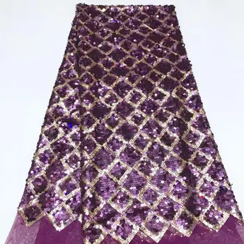 

African French Sequins Lace Fabric 2019 African Tulle Lace Fabric High Quality Nigerian Purple Lace Embroidered Wedding Fabric