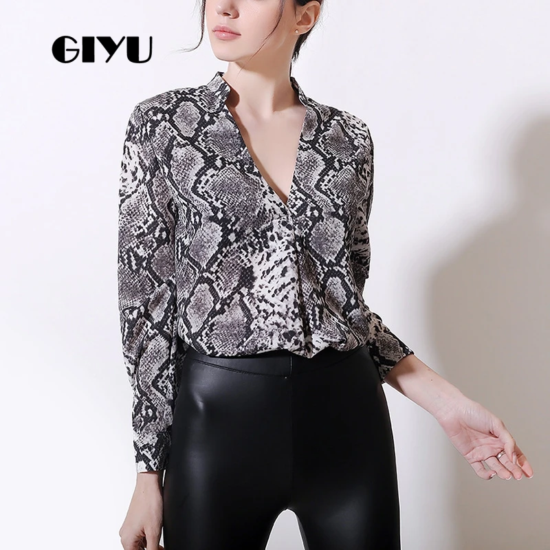 

GIYU Spring Women Snake Skin Leopard Printing Shirts Long Sleeve V Neck Tee Sexy Loose Tops Casual camiseta mujer