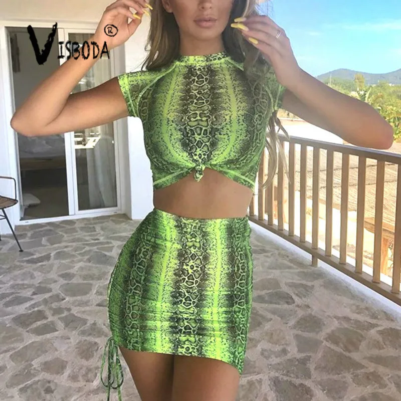 

Women Top Skirt 2 Piece Sets Snake Skin Printed Cropped Top Summer Fashion Ladies Mesh See Through Dress 2 Pcs Suits Beach Wear