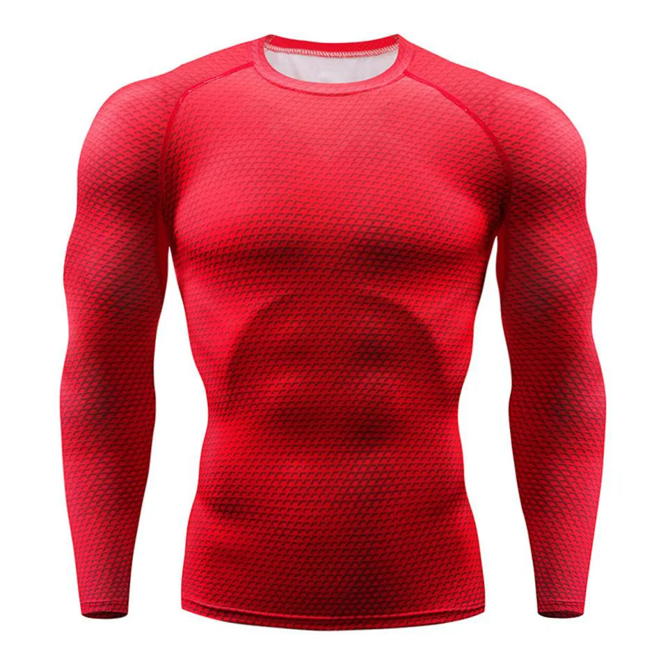 Красная компрессионная эластичная спортивная рубашка для мужчин, быстросохнущая Мужская футболка для бега, спортивная одежда, топ для фитнеса, Рашгард, футболка для футбола