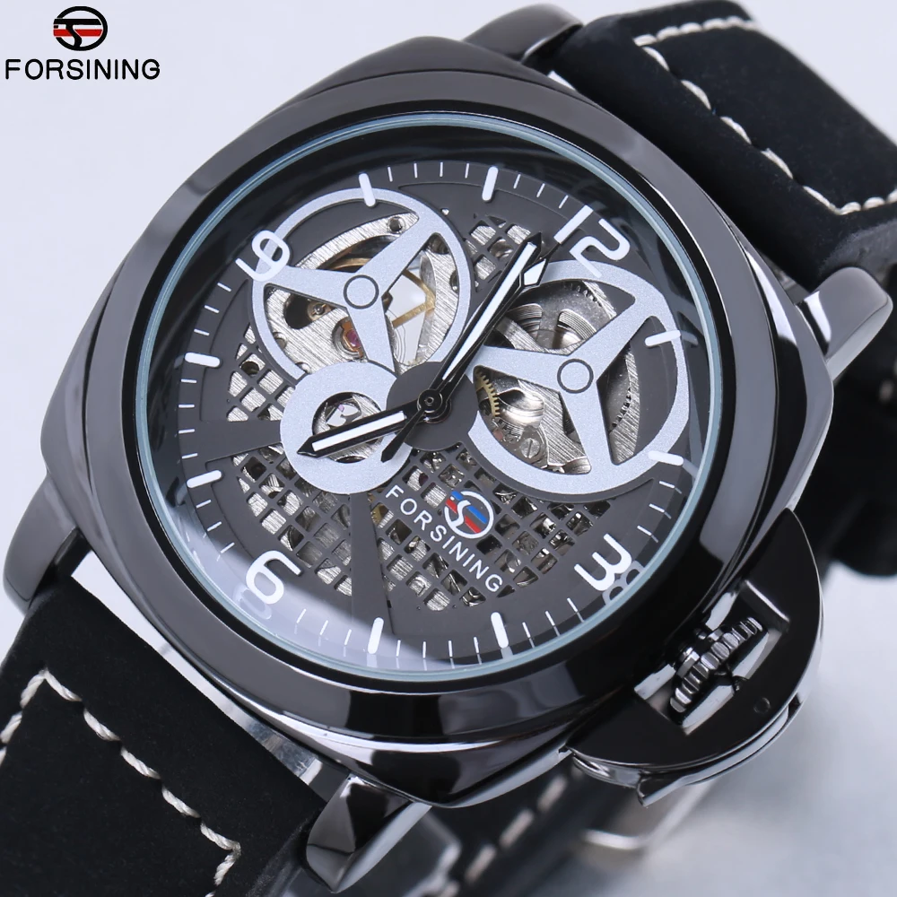 FORSINING New Black Men's Skeleton Watch Italy Antique Black Genuine