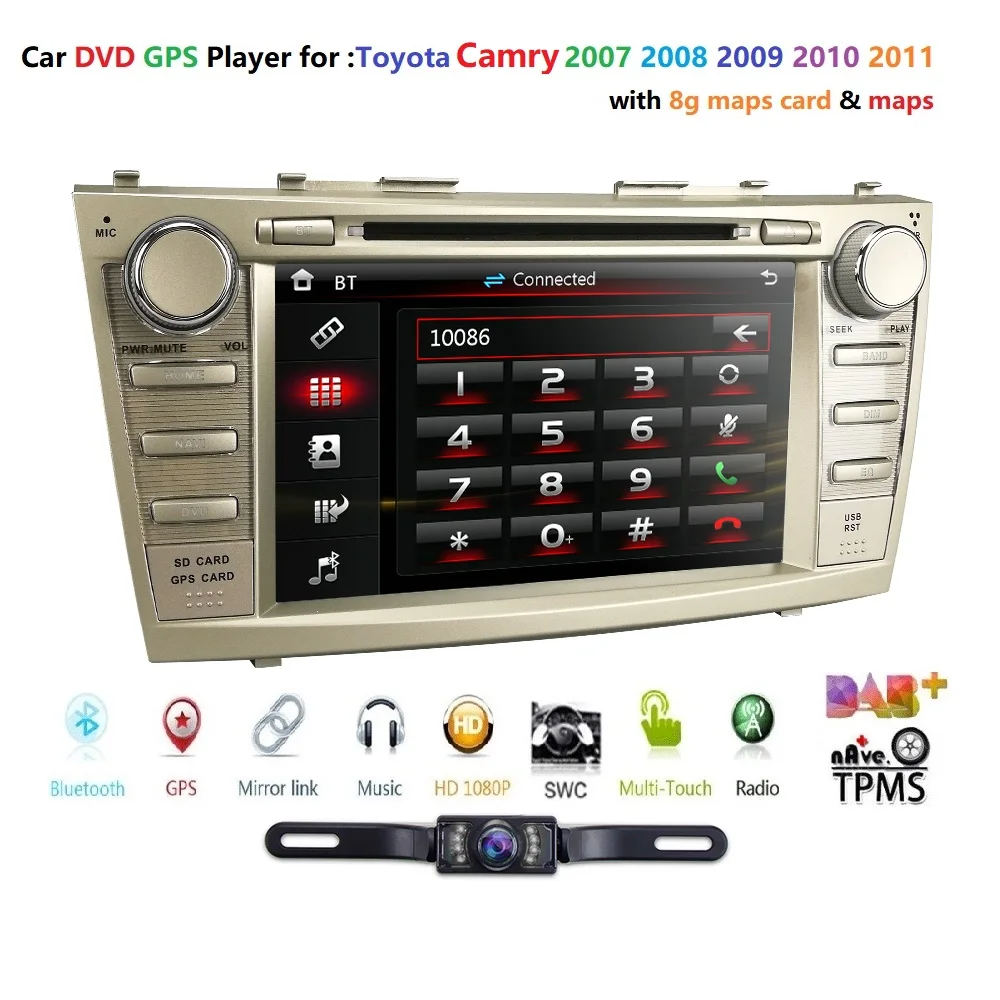 

In stock 7" Free Camera +8 GB map card Mirror link RDS Car DVD player for Toyota CAMRY 2007-2011 AURION 2006-2011 Bluetooth USB