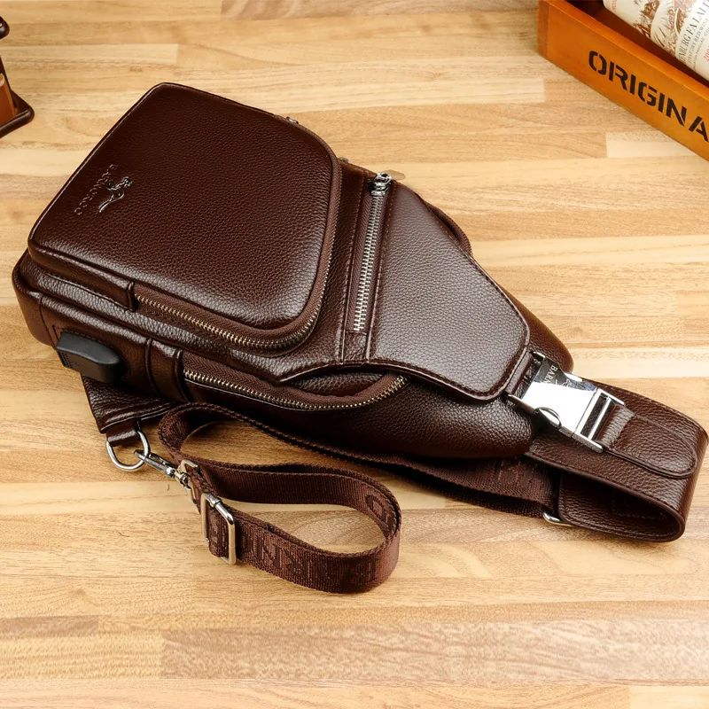 الرجال حقيبة صدر للرجال جلدية للماء مع USB شحن سماعة حفرة عارضة رسول حقيبة كتف للذكور Crossbody حقيبة الخصر حزمة