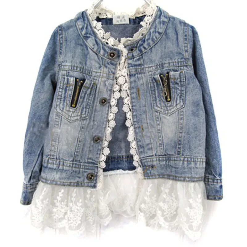 

2018 Casual Girls Jean Jackets Kids Lace Patchwork Coat Long Sleeve Button Denim Jackets For Girls 2-7Y New