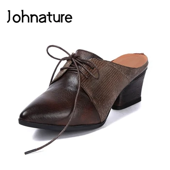 

Johnature 2020 New Summer Genuine Leather Outside Slipper Comfortable Cross-tied Solid Square Heel Casual Sandals Women Shoes