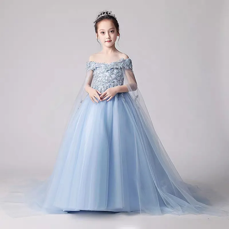 blue long tail dress Лето высокого класса высокое качество детские для девочек, с открытыми плечами, дня рождения вечернее длинное платье со шлейфом платье Детская модель подиум для показа платье для церемонии - Цвет: blue long tail dress
