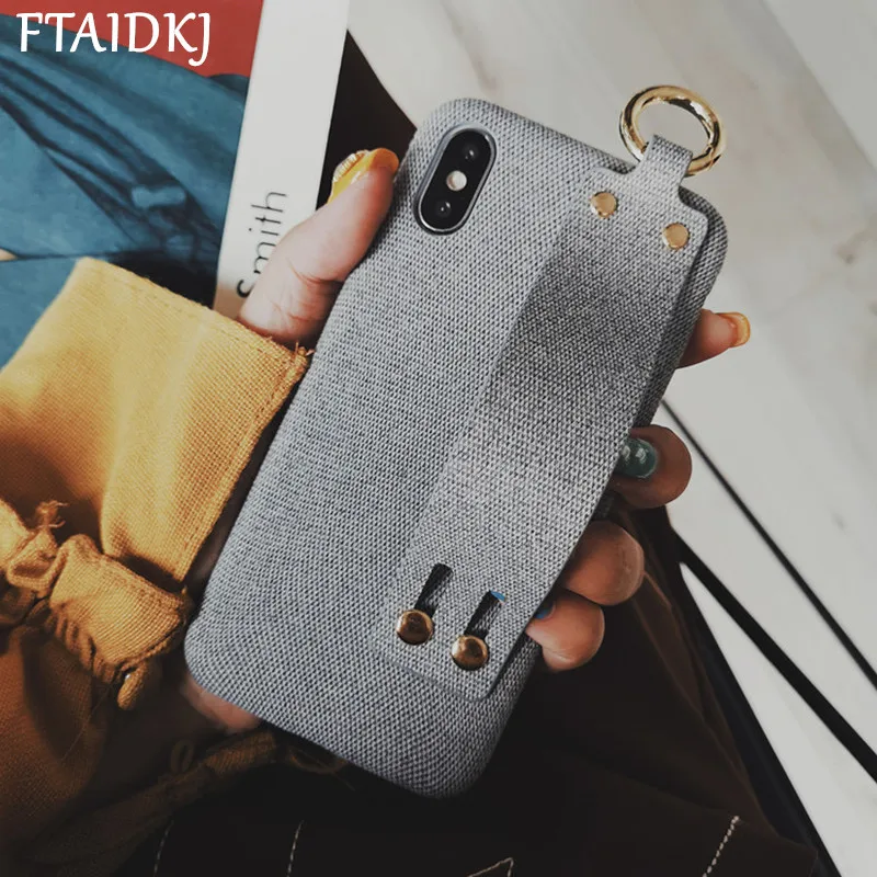 

Fashion Cloth Canvas Pattern Wrist Hand Grip Strap PU Leather Phone Case For iPhone 7 6 6S 8 Plus XS Max X XR Soft Fabric Capa