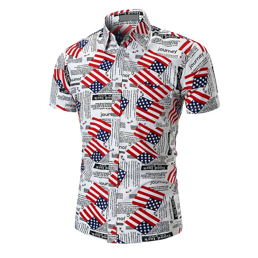 

Chamsgend Blouse Tops Men's Fashion American Flag Print Shirt Male Summer Short Sleeve Slim Fancy Shirts #801