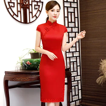 

2019 Spring Womens Red Cheongsam Traditional Chinese style Short Sleeve Dress Summer Rayon Qipao Party Dresses Vestido S-3XL