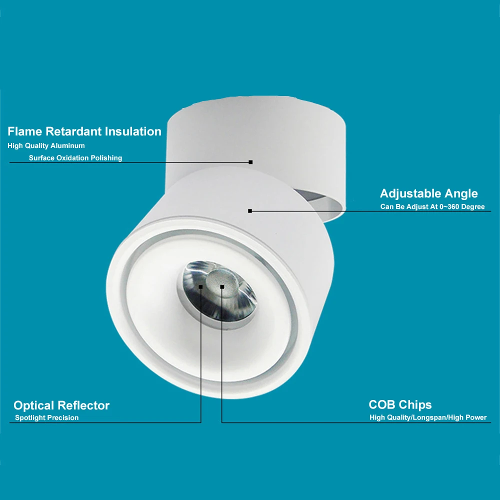Светодиодный светильник COB, монтируемый на поверхность, 90 градусов, регулируемый, 10 Вт, 15 Вт, точечный светильник, вращающийся на 360 градусов, светодиодный светильник для помещений/фойе/зала