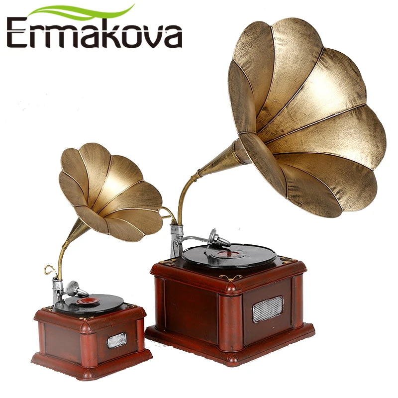 

ERMAKOVA Metal Retro Phonograph Model Vintage Record Player Prop Antique Gramophone Model Home Office Club Bar Decor Ornaments