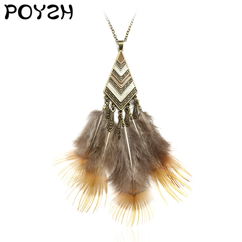 Quadrilateral Geometric figure India Ethnic style Pendant Necklace Retro feather decorative Sweater chain boho jewelry | Украшения и