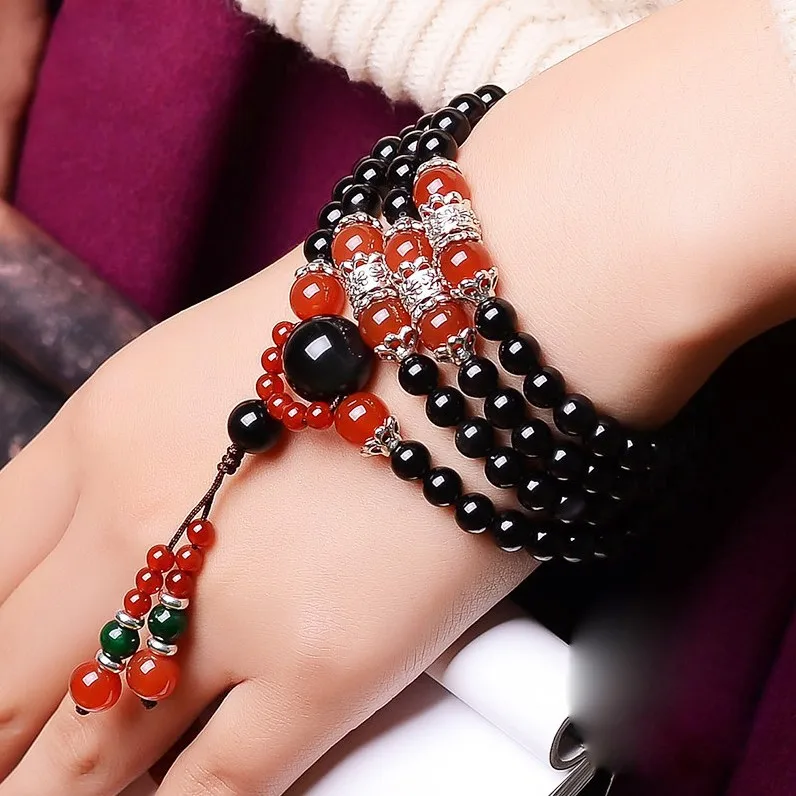 Natural Onyx Bracelet Black Buddha Onyx Stone 108 Bracelet Women Handmade Accessories,Tiger Eye multi-turn Bracelet For Women