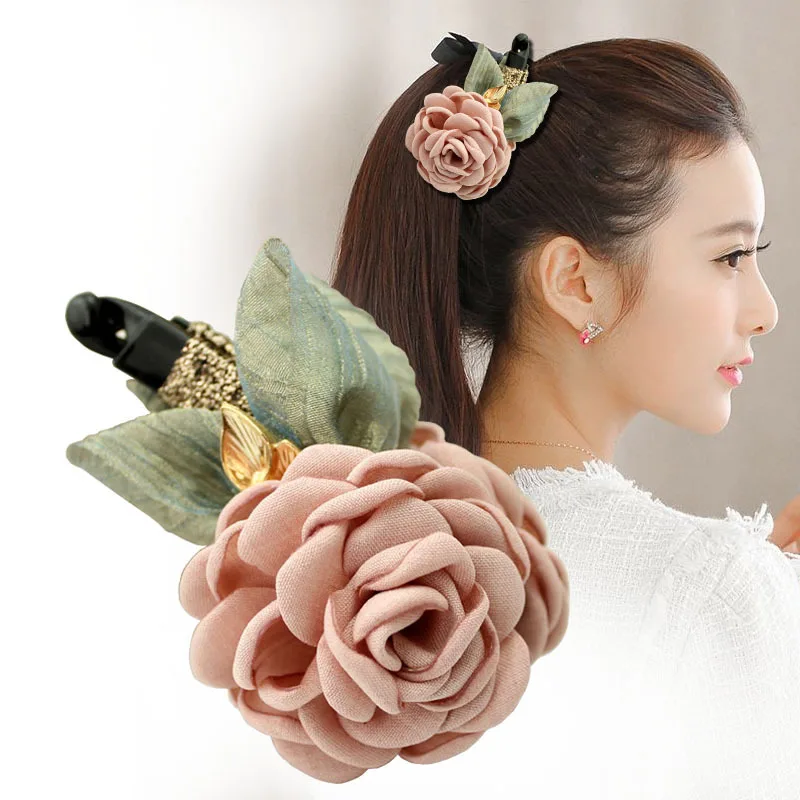 

Korean Beauty Banana Clip Hair Jewelry Handmade Fabric Flower Silk Yarn Hairclip for Women Bridal Wedding Headpieces Accessories