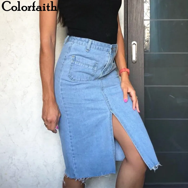 

Colorfaith New 2019 Women Casual Straight Denim Midi Skirt Spring Summer With Pocket Slit High Waist Mid-Calf Femininas SK8171
