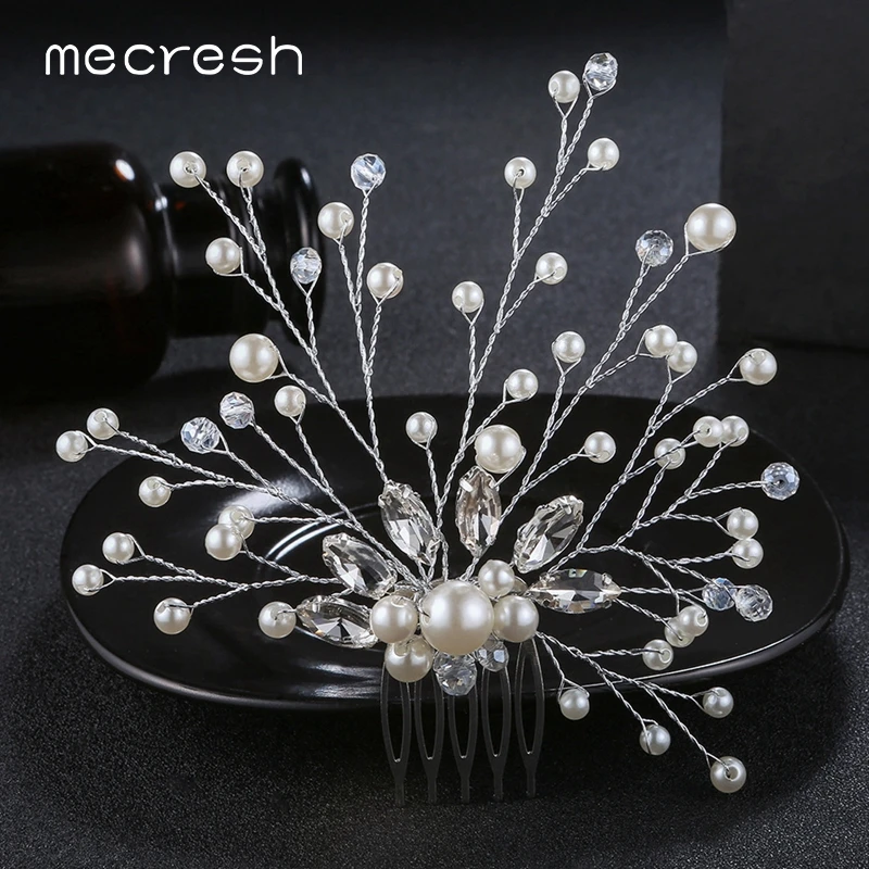 Mecresh Marquise свадебный цветок с кристаллами гребни для волос Серебряный цвет имитация жемчуга свадебные аксессуары для волос Бусы Королева Тиара FS262