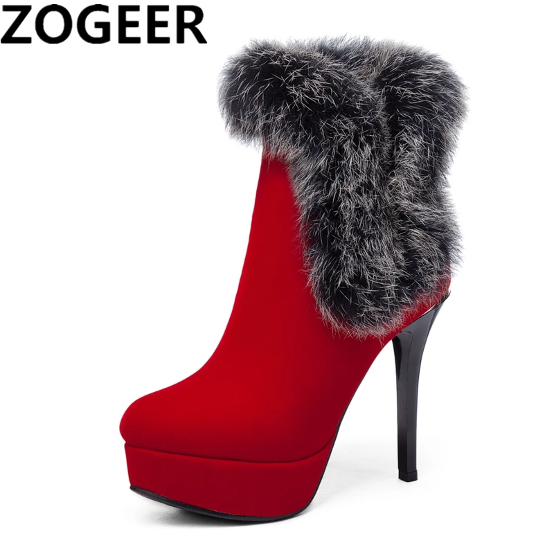 

ZOGEER Hot Fur Snow Boots Platform Women Winter Shoes Ankle Boots For Women Fur Black Red High Heels Ladies Wedding Shoes