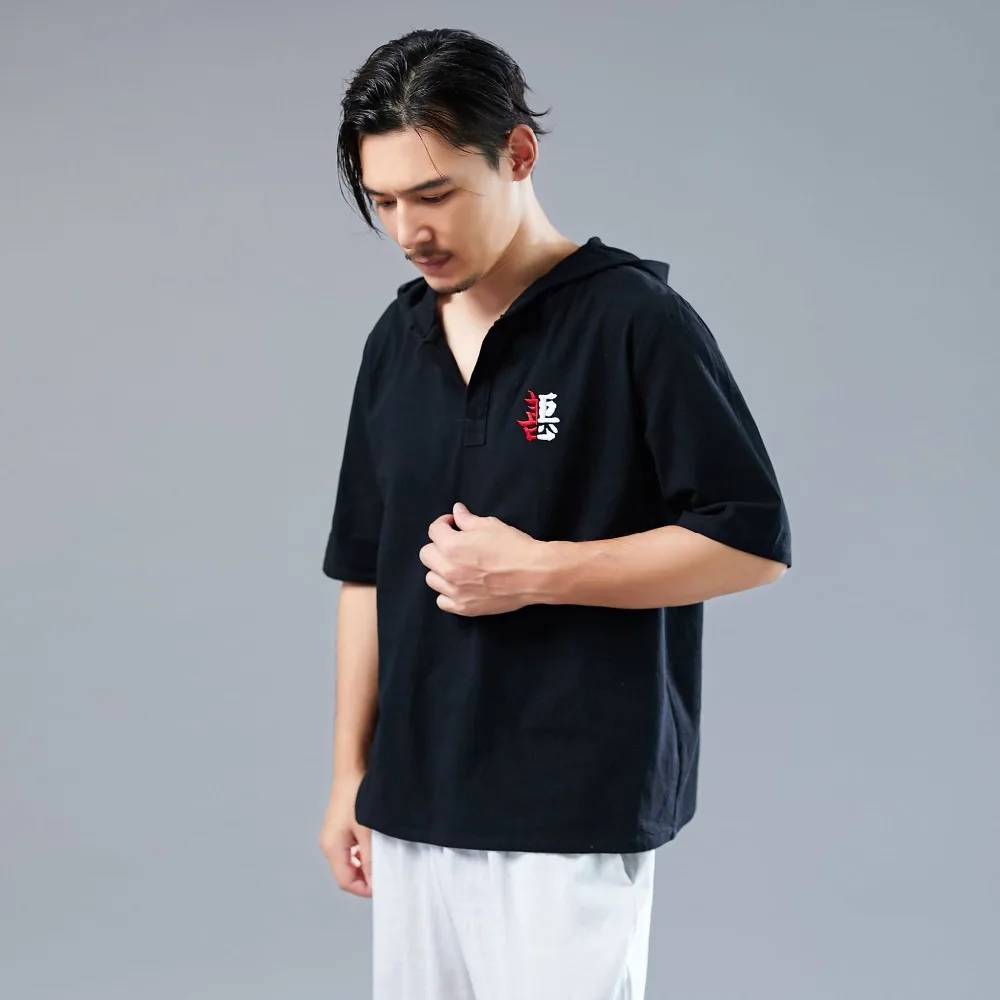 LZJN 2019 Men's Shirt Summer Style Hooded Short Sleeve Blouse Top Men New Casual Embroidery Cotton Linen Shirt Camisas De Hombre (29)