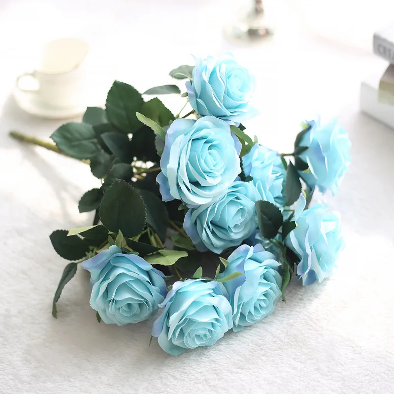 1bunch 10 Head Blue Color Artificial Rose Fake Flowers Silk Flores For