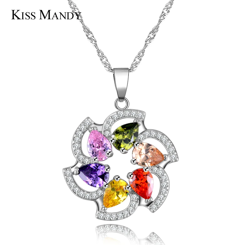 

KISS MANDY Silver Colorful Zircon SunFlower Shape Pendant Necklace For Women Luxury Crystal Necklaces Jewelry Birthday Gift JN05