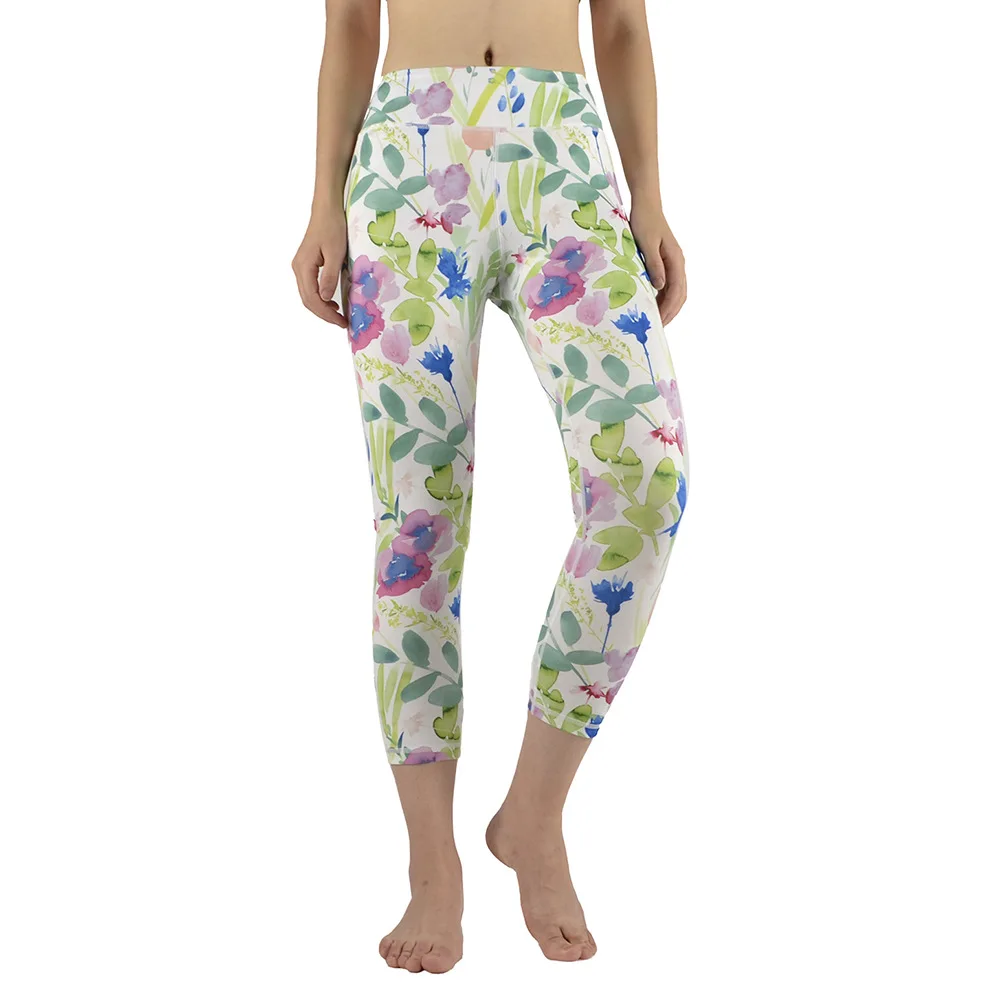 watercolor flowers blossom floral yoga pants running sports clothes feminina stretch gym 7/8