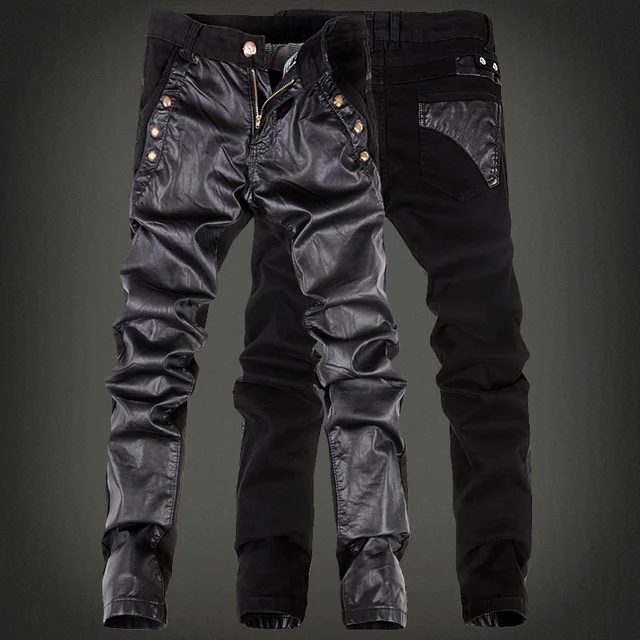 Moda De Rock Fresco Pantalones De Cuero Hombres Con Jean Negro
